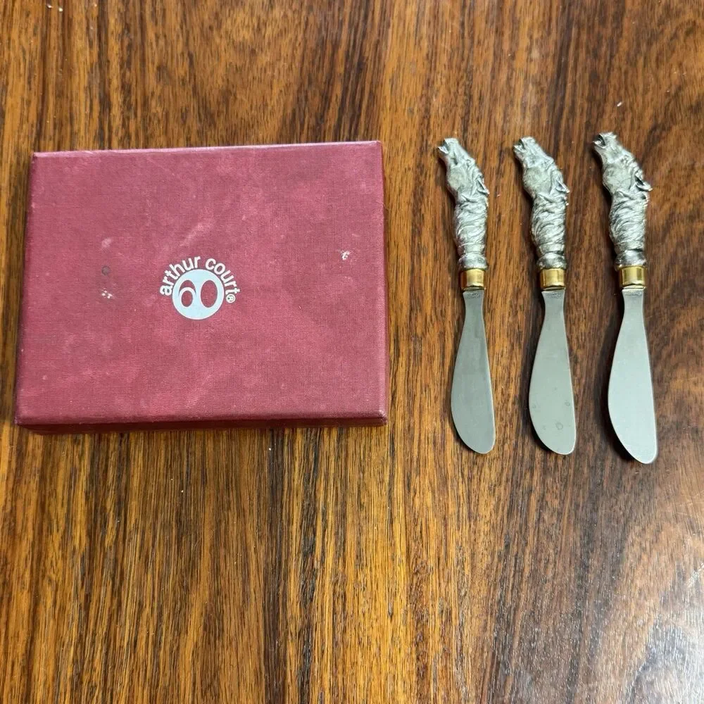 Vintage ARTHUR COURT Butter Knives (3) Pewter Horse Head Cheese Spreader Knives